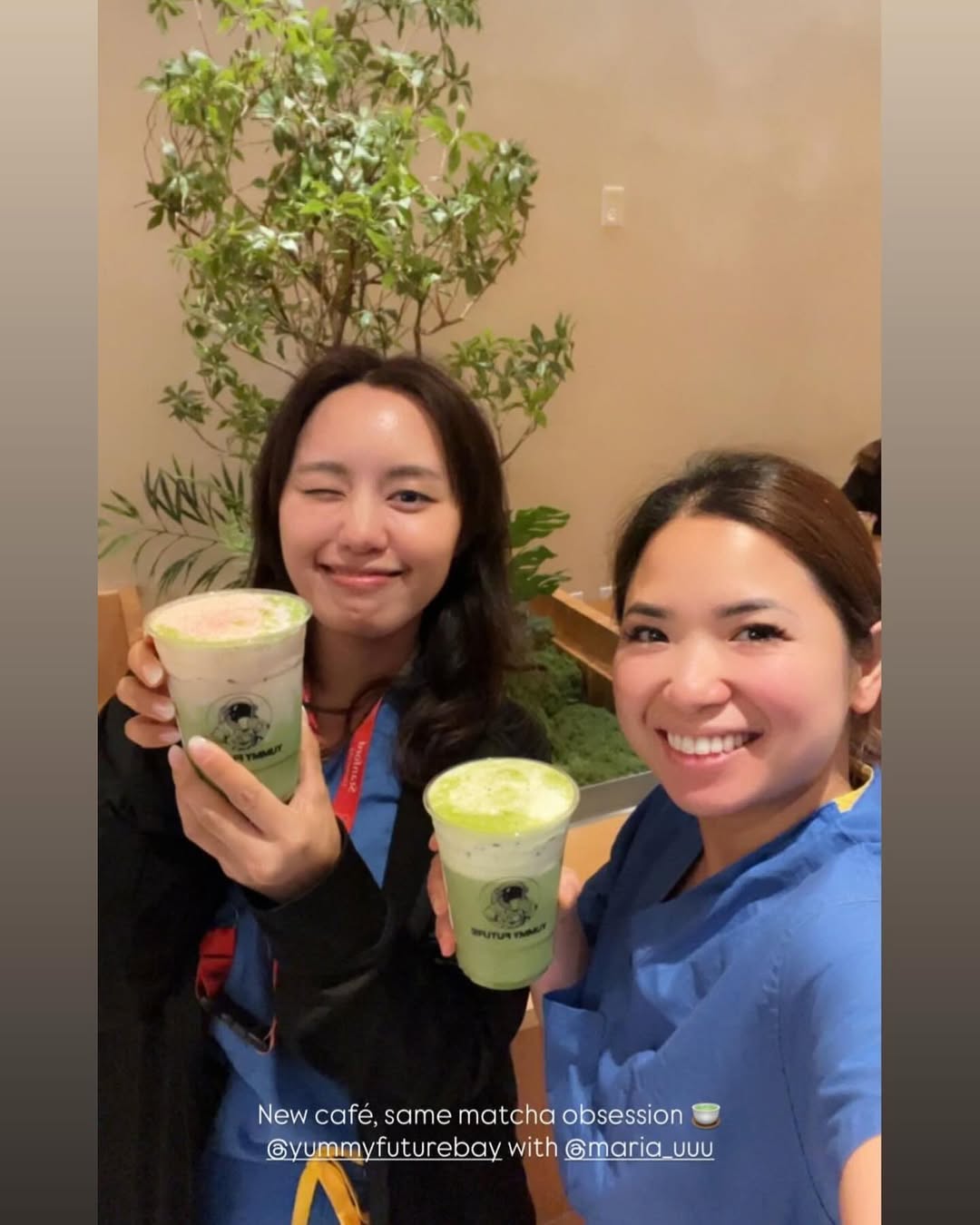 Two customers grinning with Yummy Future matcha cups, posted to the store feed