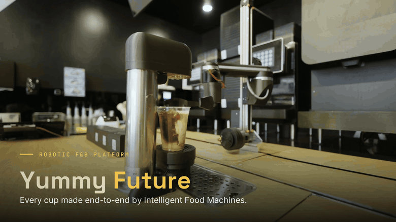 Yummy Future robotic bar crafting an iced latte, live loop