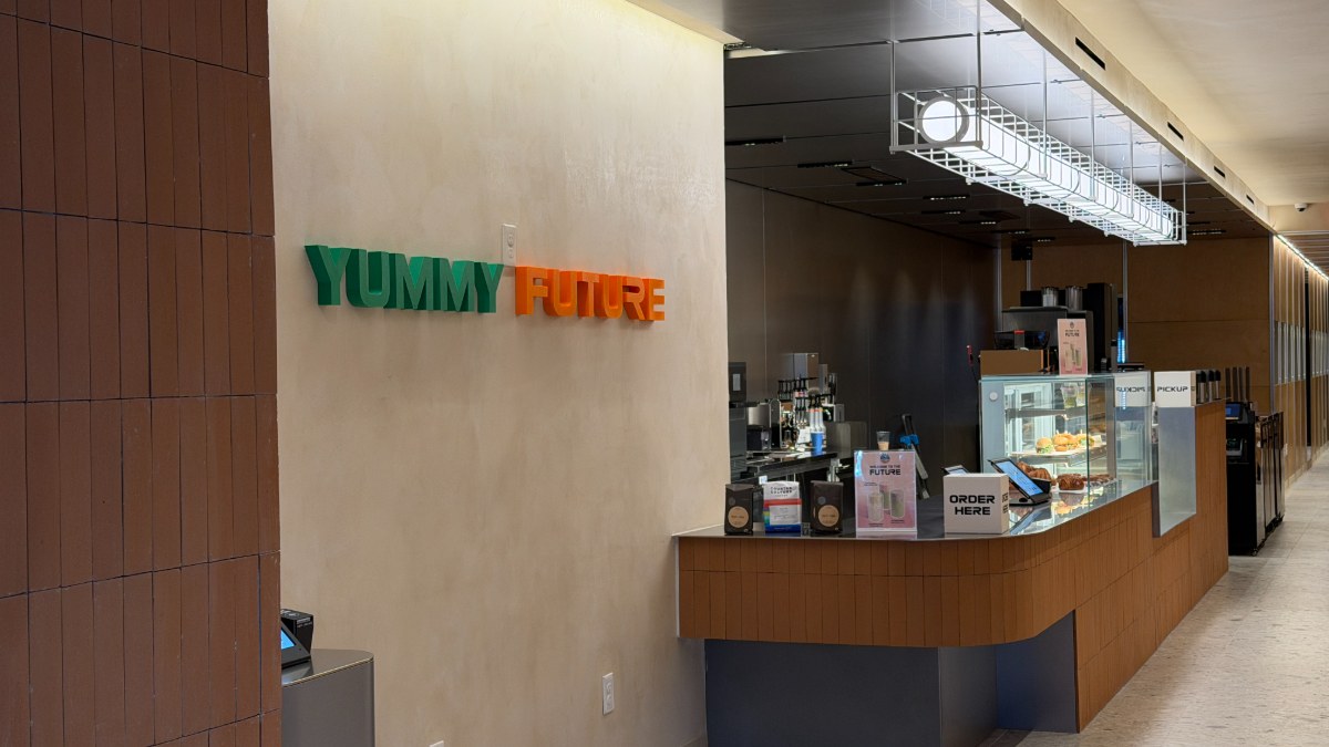 Yummy Future wordmark on the wall beside the order counter at the Palo Alto location