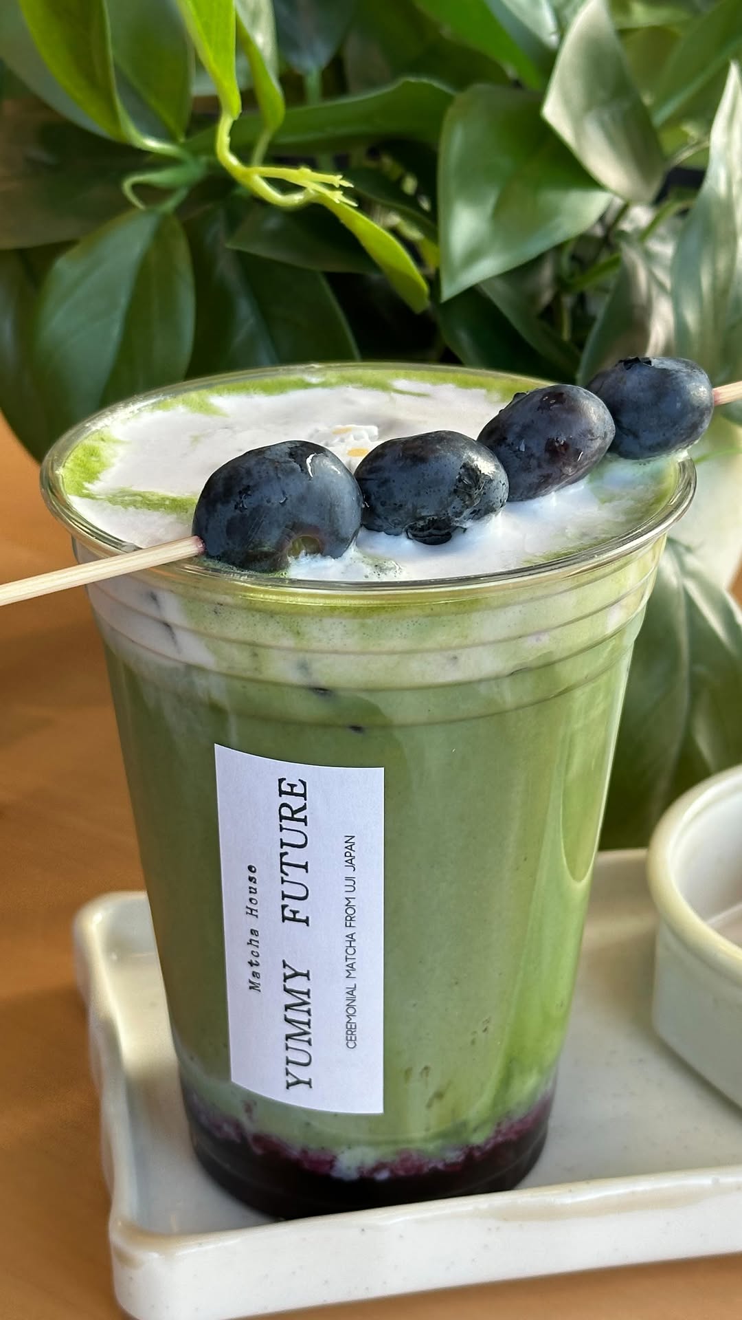 Triple blueberry matcha in a Matcha House cup, photographed by a customer